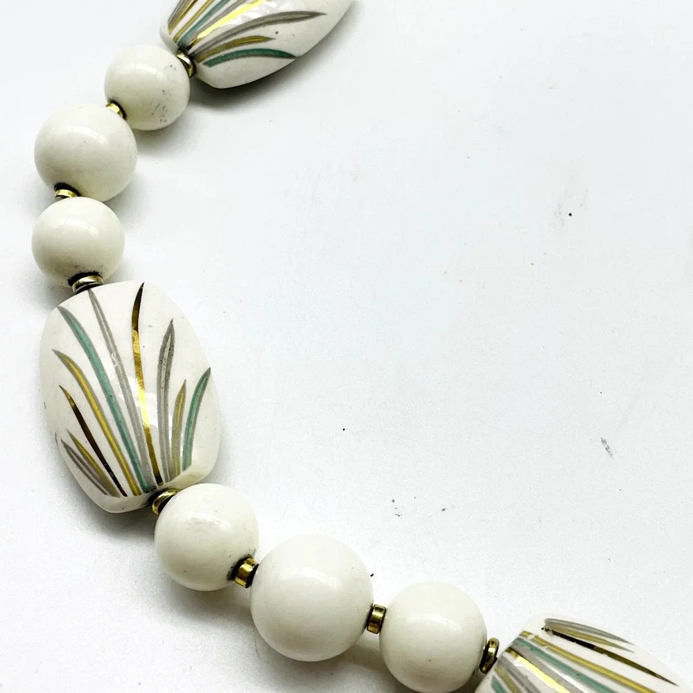 Vintage Japan Necklace White Painted Bead Oval Round Beads Mid Century Retro